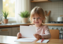 Jeune enfant tenant un bulletin scolaire à la maison