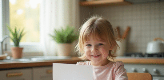 Votre enfant et son bulletin scolaire : quel sens donner aux appréciations ? Jeune enfant tenant un bulletin scolaire à la maison