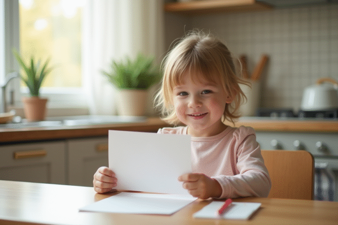 Jeune enfant tenant un bulletin scolaire à la maison