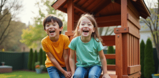 Comment choisir la meilleure aire de jeu en bois pour vos enfants : critères et recommandations Deux enfants rient en jouant dans une aire de jeux en plein air