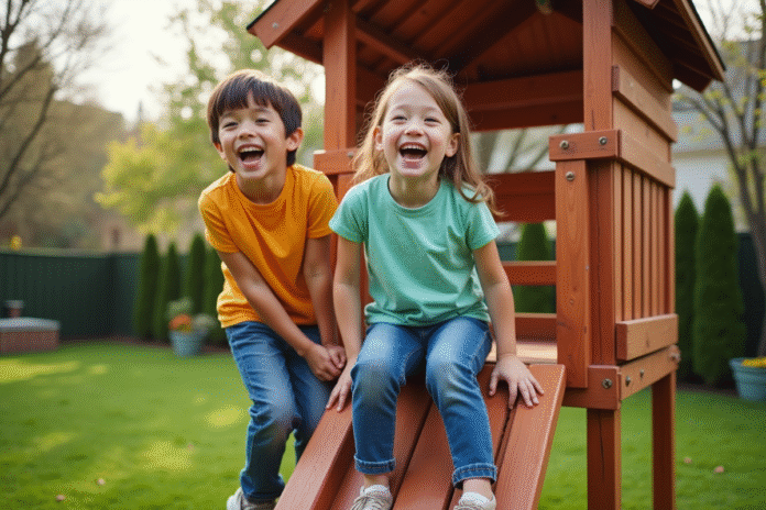 enfants-jouant-aire-de-jeux Deux enfants rient en jouant dans une aire de jeux en plein air