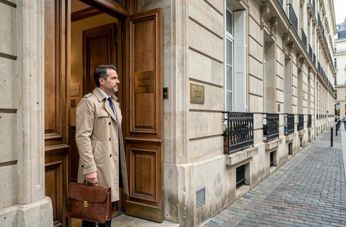 Un homme devant l'entrée d'une chambre des notaires avec plaque en laiton sur façade haussmannienne parisienne