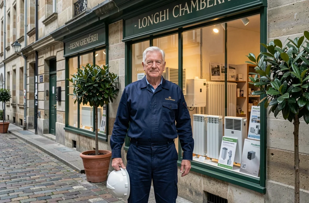 Chauffagiste historique Entreprise Carle devant la devanture de son établissement de longue date à Chambéry