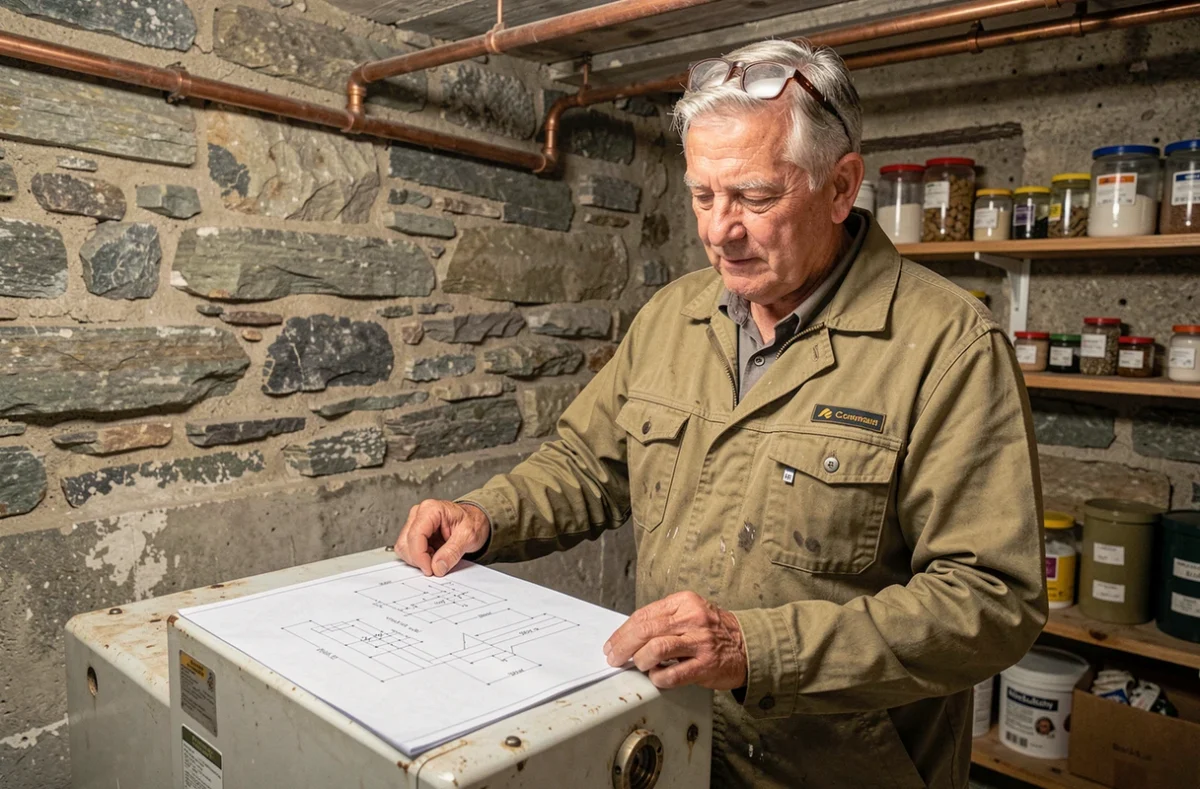 Chauffagiste expérimenté Entreprise M. Perret consultant un schéma technique sur une ancienne chaudière dans une cave savoyarde