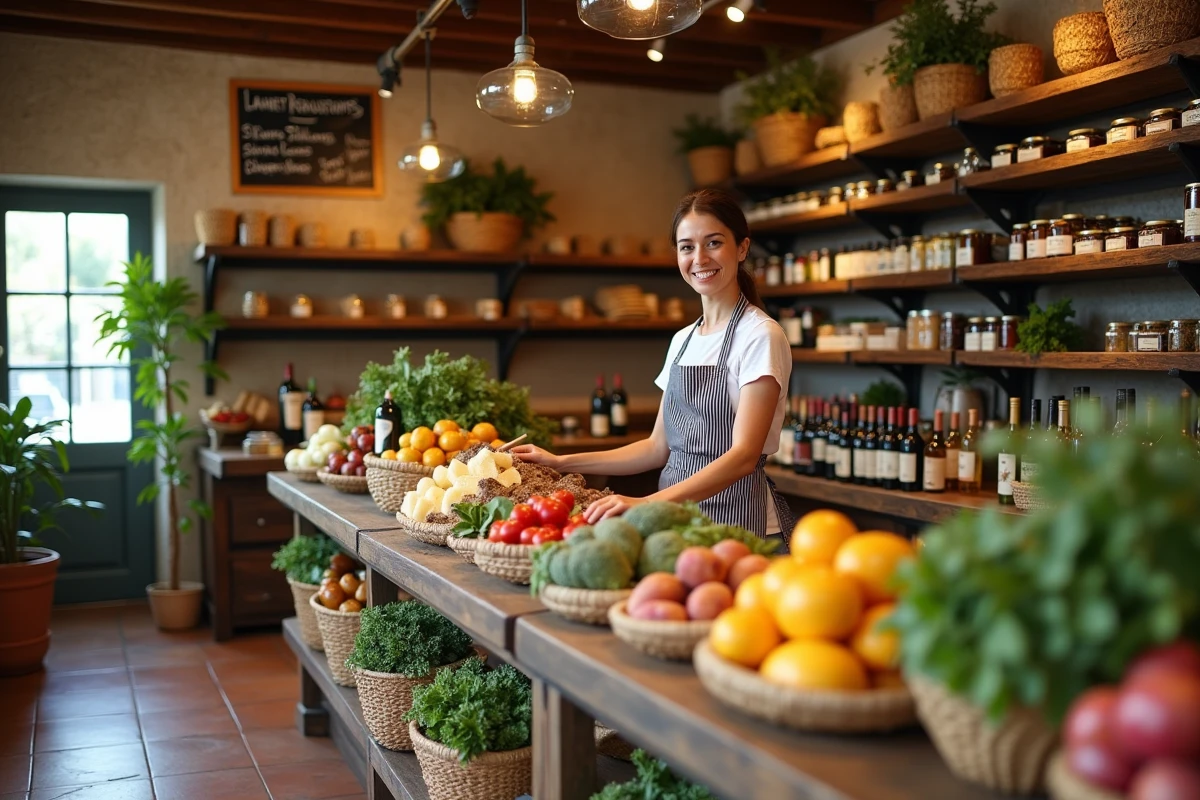 Épicerie fine de quartier à Montpellier ouverte le dimanche avec commerçante souriante