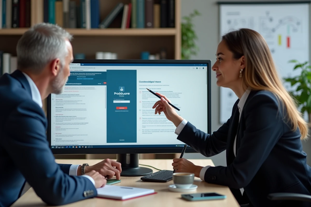 Deux professionnels de la conformité douanière consultant ensemble le portail sécurisé Prodouane dans un bureau administratif
