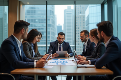 Groupe de professionnels en réunion avec table numérique