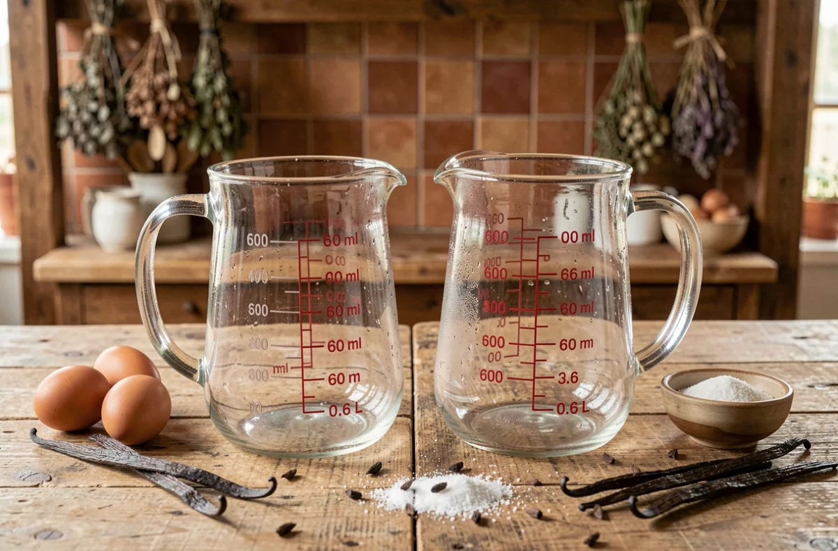 Deux verres doseurs en verre côte à côte montrant 600 ml et 0,6 litre sur une table en bois rustique entourée d'ingrédients de pâtisserie