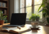 Espace de travail cosy avec ordinateur et plantes