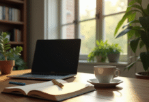 Espace de travail cosy avec ordinateur et plantes