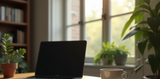 Espace de travail cosy avec ordinateur et plantes