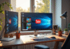 Espace de travail moderne avec écran affichant Google YouTube Facebook