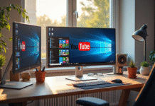 Espace de travail moderne avec écran affichant Google YouTube Facebook