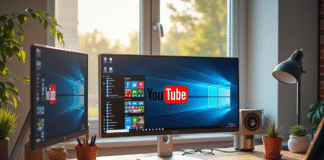 Espace de travail moderne avec écran affichant Google YouTube Facebook