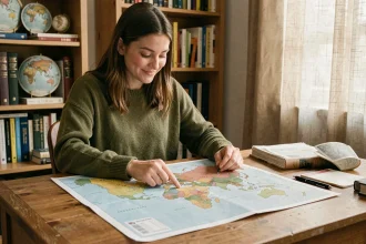 Étudiante révisant la géographie avec une carte du monde imprimée sur son bureau en bois