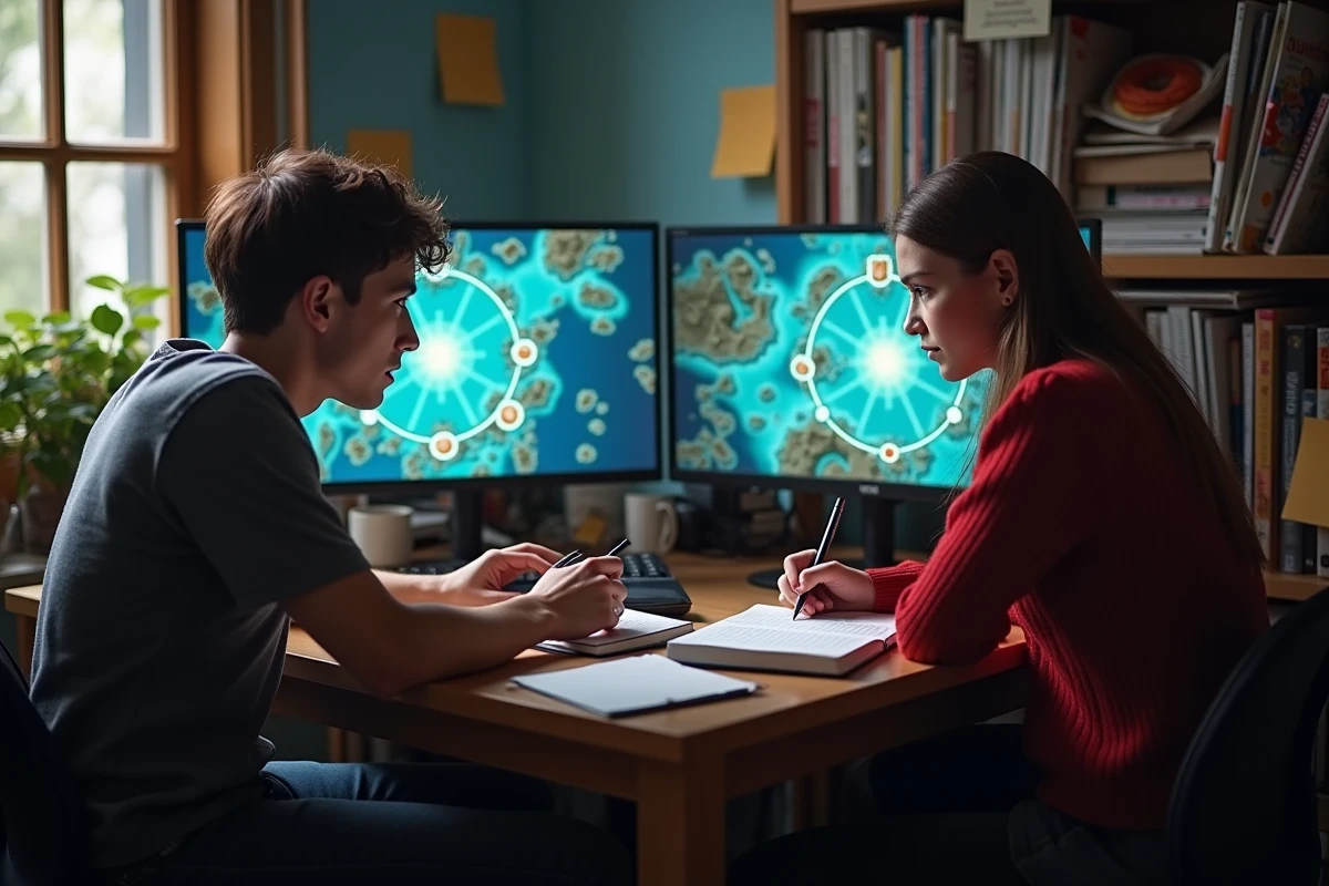 Deux étudiants collaborant devant un écran affichant une carte de jeu Dofus avec des portails, prenant des notes dans une chambre universitaire