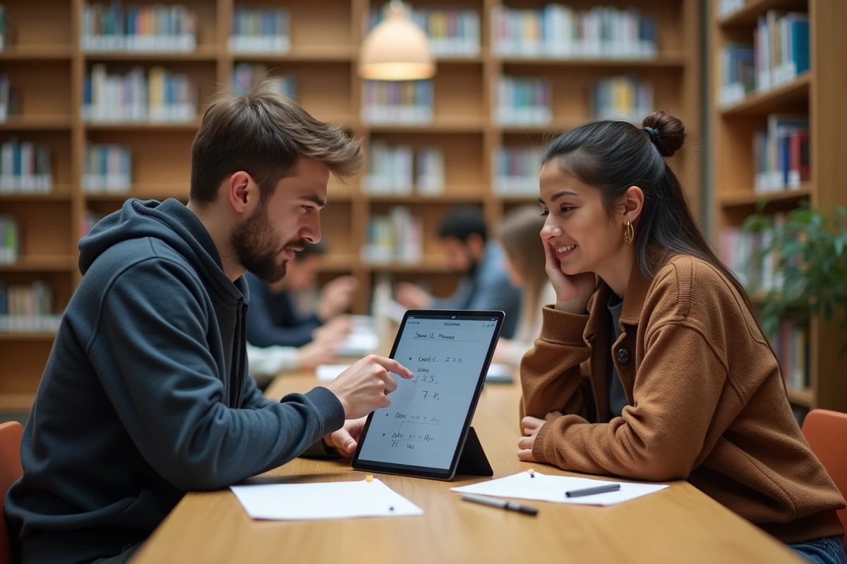 Deux étudiants travaillant ensemble sur la plateforme Cimantix pour améliorer leur français dans une bibliothèque universitaire