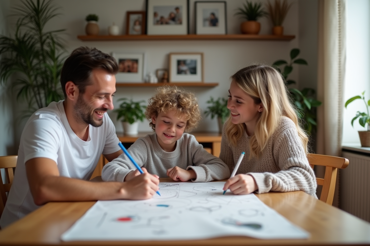 Famille dessinant ensemble à la table dans un intérieur chaleureux
