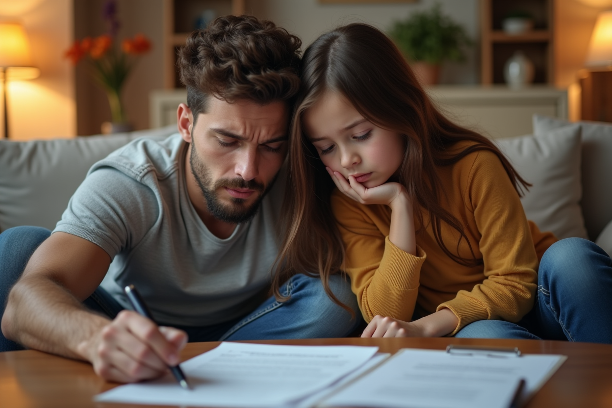 Famille dans un salon avec document juridique et pen