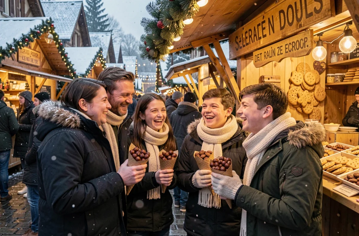 Famille dégustant des marrons chauds et des bredele au marché de Noël de Lyon sous la neige