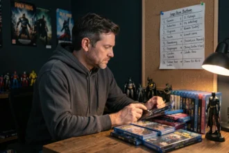 Fan de Batman étudiant la timeline des films avec des Blu-ray et une chronologie manuscrite sur un bureau