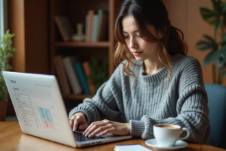 Jeune femme utilisant une application d'apprentissage du français sur son ordinateur portable dans un bureau à domicile