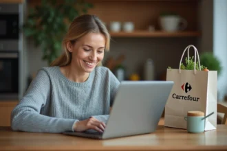 Femme remplissant un avis client Carrefour sur son ordinateur portable avec des produits de course sur la table