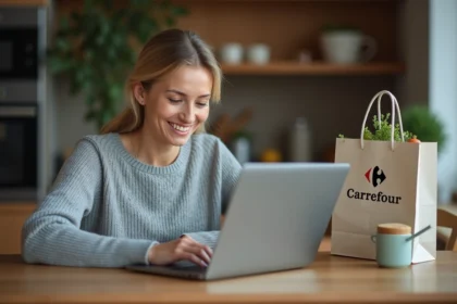 Femme remplissant un avis client Carrefour sur son ordinateur portable avec des produits de course sur la table