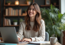 Le parcours étonnant de SocialMediaGirl dans la blogosphère Femme concentrée travaillant à son bureau à domicile