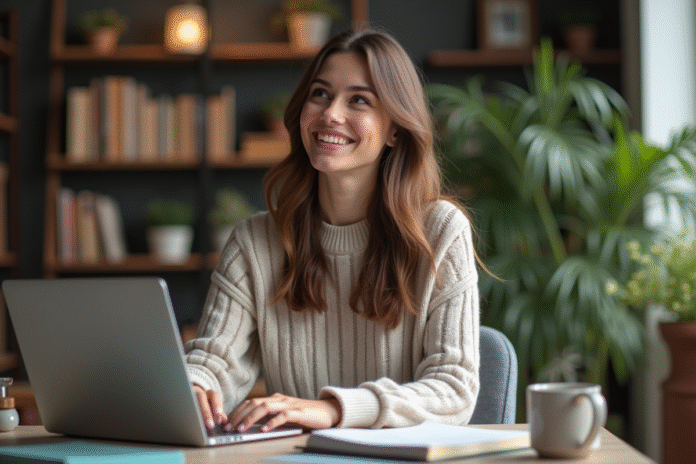 Femme concentrée travaillant à son bureau à domicile