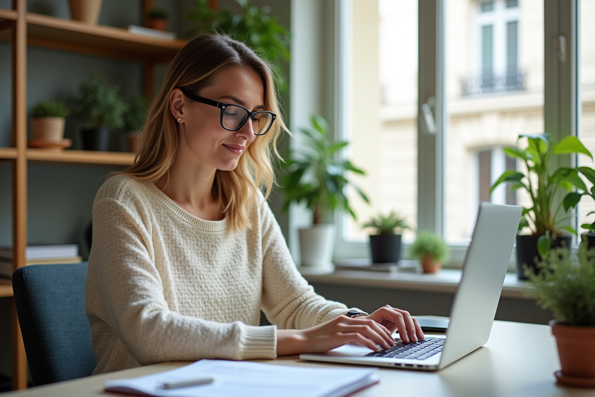 Femme assise à son bureau tapant sur un ordinateur portable