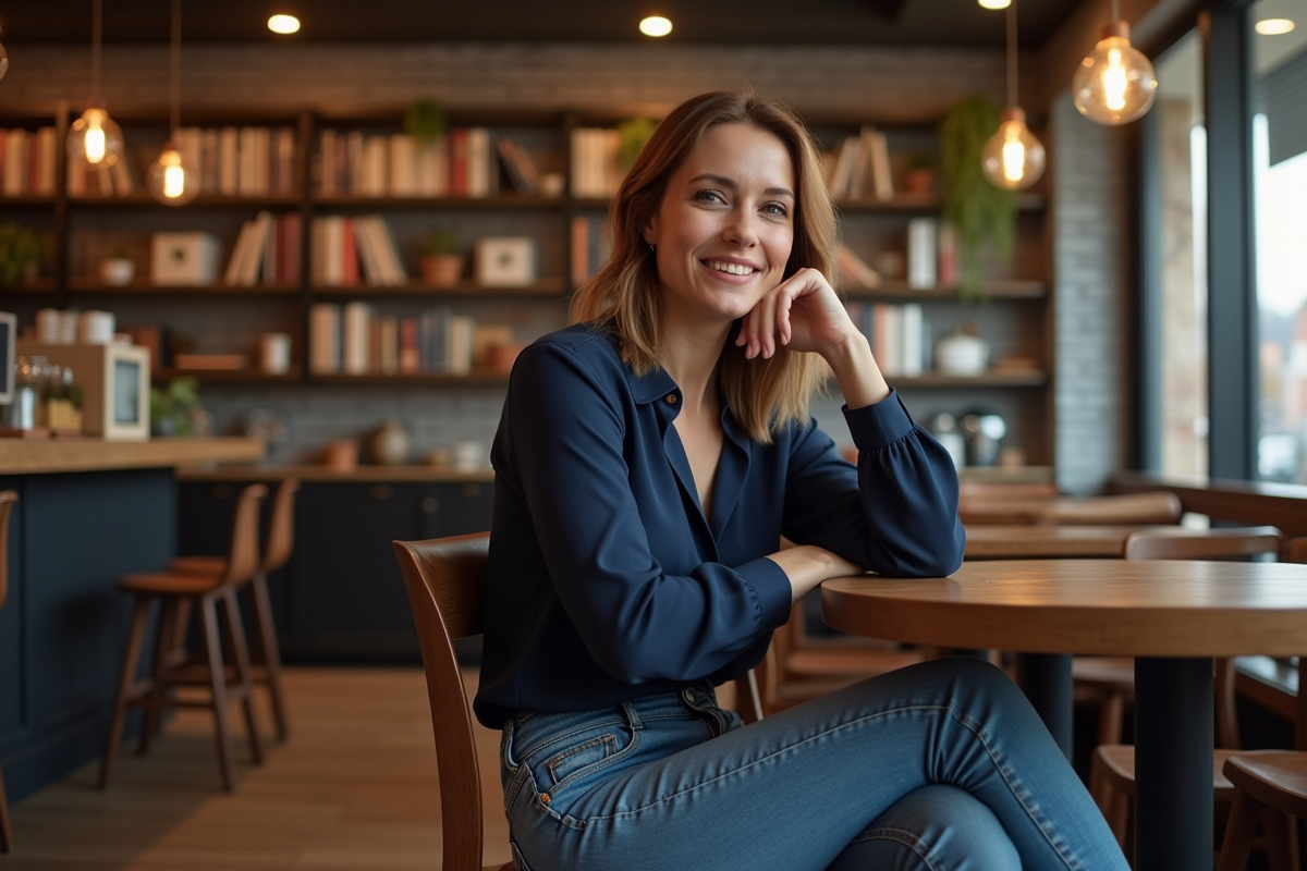 Femme confiante discutant dans un café chaleureux
