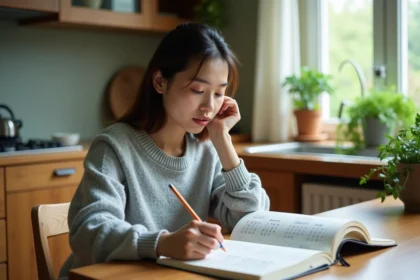 Femme réfléchissant avec calendrier chinois et carnet