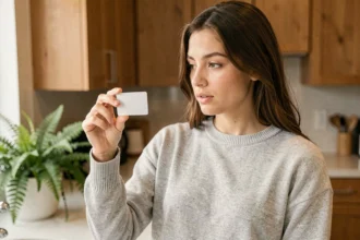 Jeune femme tenant une carte SIM Lycamobile entre ses doigts dans une cuisine moderne