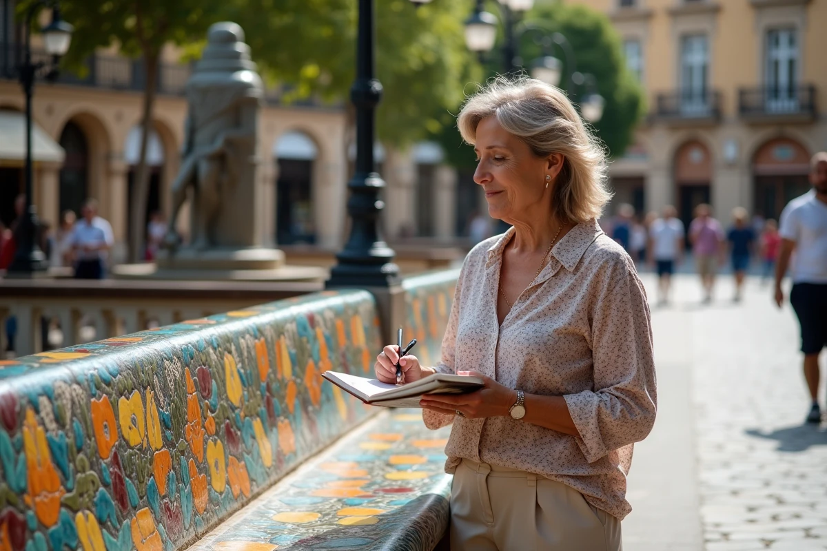 Femme catalane dessinant une statue dans une place publique