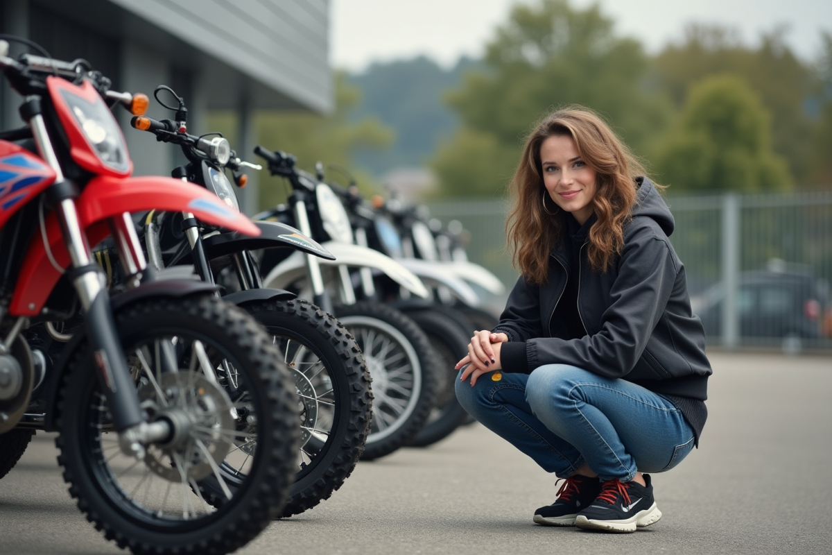 Femme examinant motos 50cc en concession