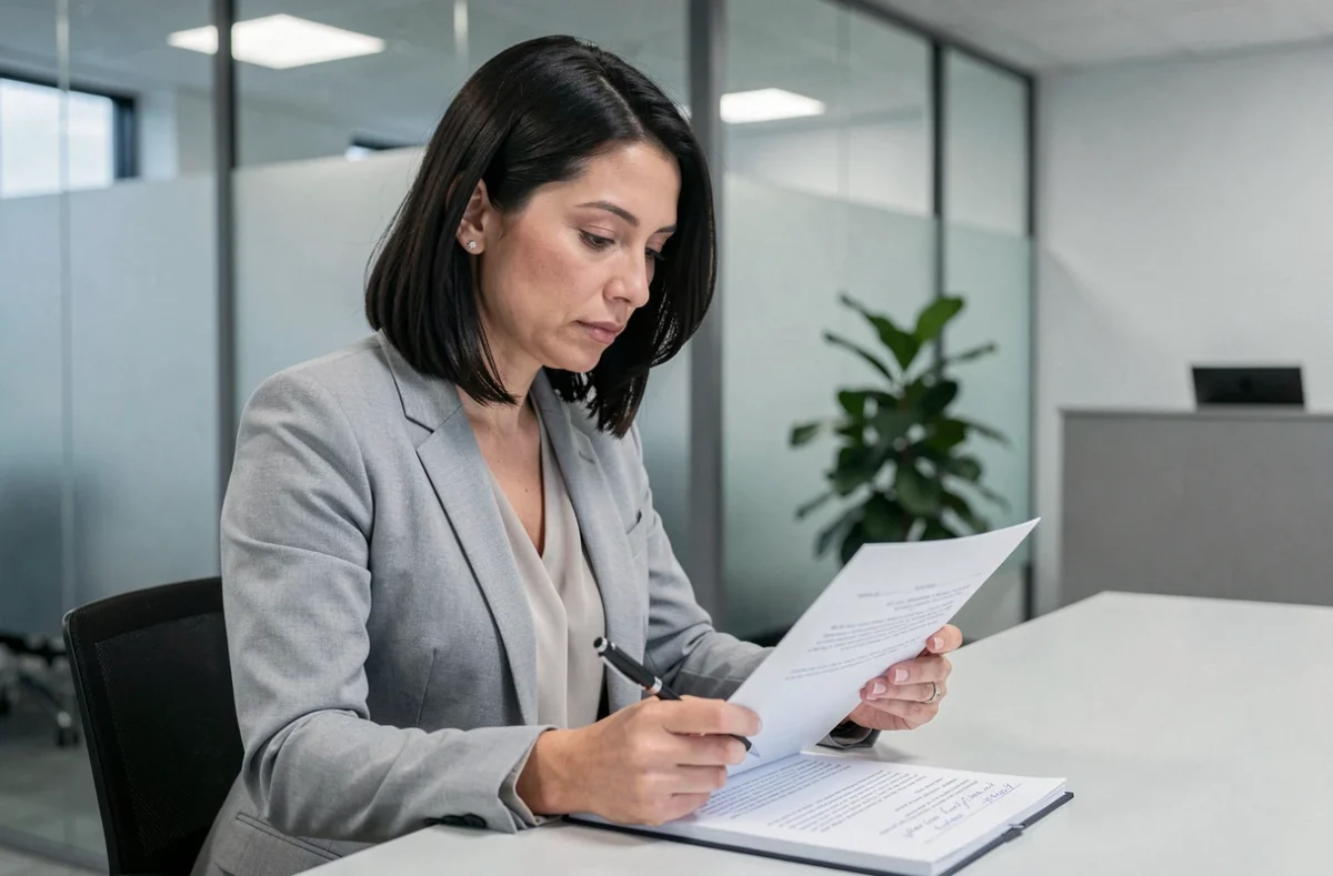 Une femme lit attentivement des documents juridiques lors d'une consultation gratuite à la chambre des notaires