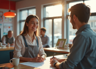 Jeune femme souriante vérifiant un contrat de location chez Super U