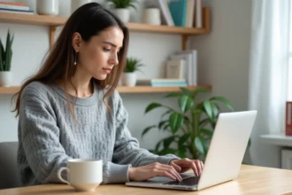 Femme concentrée utilisant un outil de correction orthographique sur son ordinateur portable dans un bureau à domicile épuré