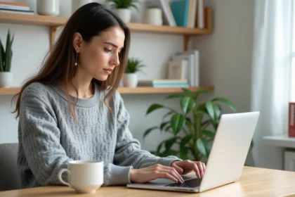 Femme concentrée utilisant un outil de correction orthographique sur son ordinateur portable dans un bureau à domicile épuré