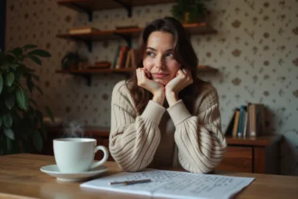Femme en trentaines joue au sudoku dans un salon cosy