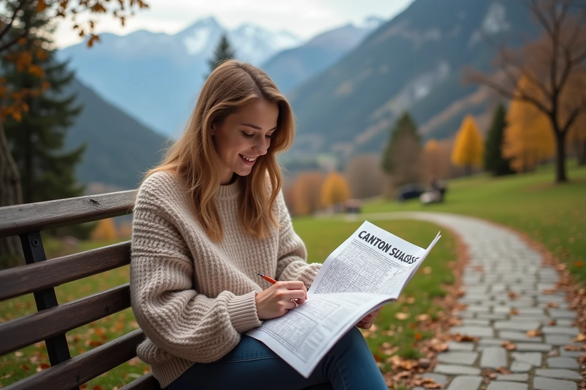 Jeune femme résolvant un mots croises dans un paysage alpin automnal