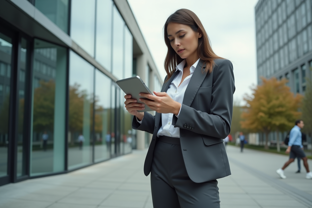 Femme vérifiant son portefeuille crypto en extérieur
