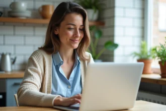 Femme assise à la cuisine utilisant un ordinateur portable