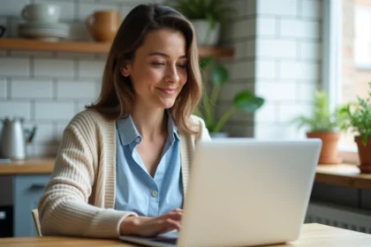 Femme assise à la cuisine utilisant un ordinateur portable