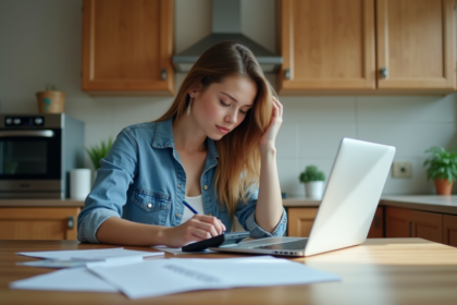 Jeune femme en cuisine avec bloc notes et calculatrice