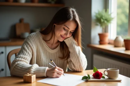 Jeune femme écrivant un poème d'amour dans une cuisine chaleureuse