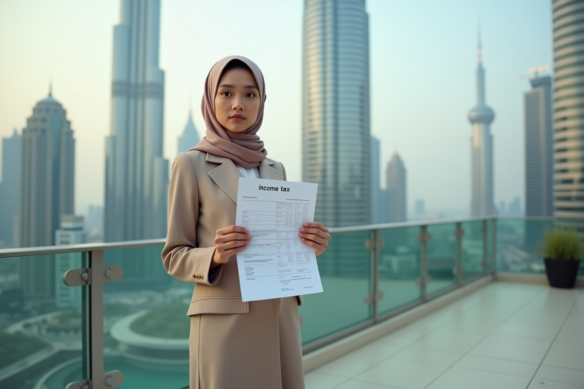 Jeune femme Emirati sur un toit avec le Burj Khalifa en arrière-plan