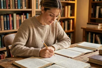 Femme concentrée étudiant des listes de mots difficiles au bureau avec des dictionnaires et des notes manuscrites