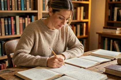 Femme concentrée étudiant des listes de mots difficiles au bureau avec des dictionnaires et des notes manuscrites